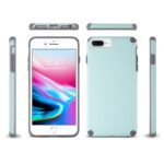 Multiple views of a smartphone with a teal protective case.