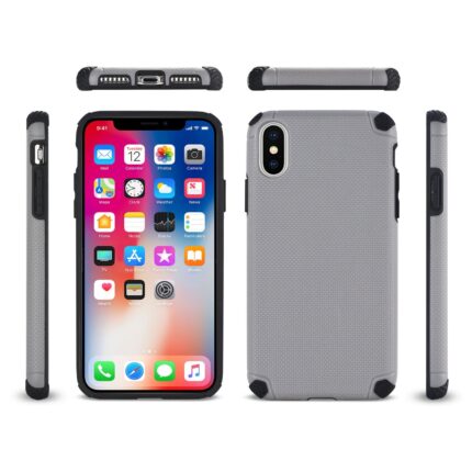 Modern smartphone with a protective grey case shown from multiple angles.