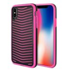 A smartphone with a pink and black protective case featuring a wave pattern.