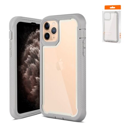 Clear protective phone case with gray bumper for iPhone.