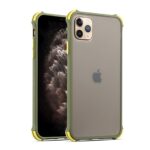 iPhone with protective transparent case featuring yellow edges.