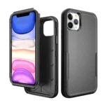 Smartphone with dual-layer black protective case.