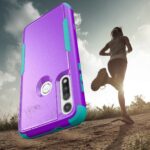 A purple and teal phone case with a runner in the background.