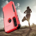 Red phone case with running person background.