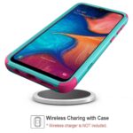Smartphone with wireless charging case on a stand.