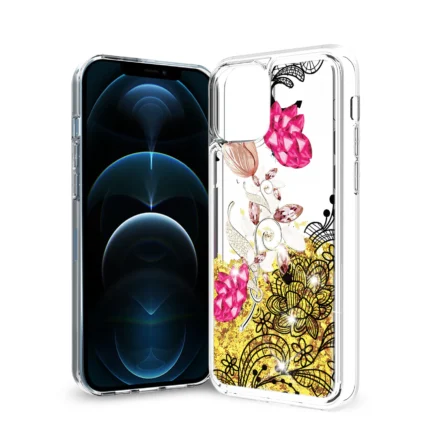 iPhone 12 / 12 Pro Glitter Case Moving Quicksand Yellow Floral