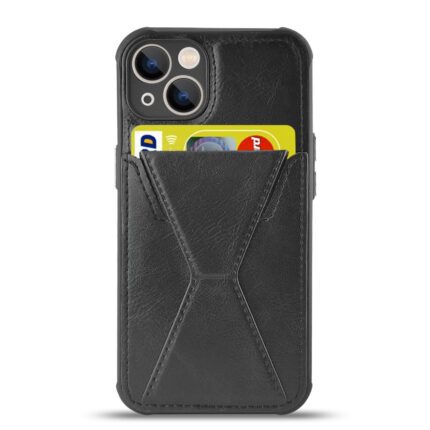 Black phone case with card holder slots containing cards.