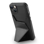 Black phone case with a built-in foldable kickstand and card holder.