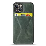 Green leather phone case with card slots holding cards.