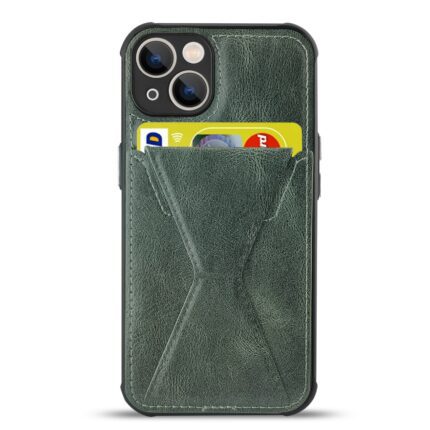 Green leather phone case with card slots holding cards.