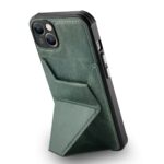 Green leather phone case with a foldable stand for hands-free use.