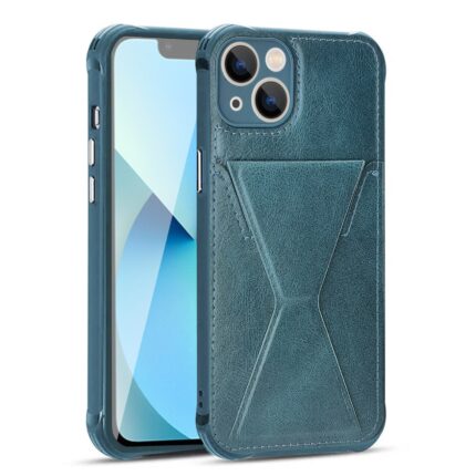 Blue leather phone case with card holder for iPhone.