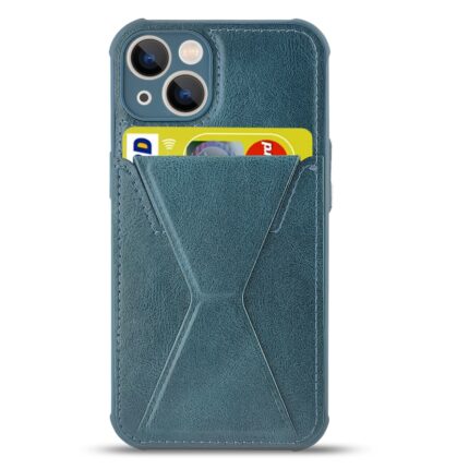 Blue phone case with card holder pocket holding two cards.