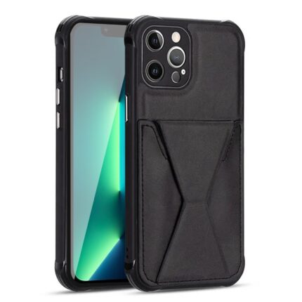 Black phone case with card holder for iPhone.
