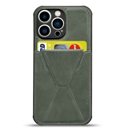 Green leather phone case with card slots holding three cards.