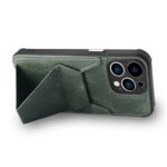 Green leather phone case with a built-in stand for hands-free use.