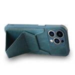 A smartphone with a teal protective case featuring a foldable kickstand.