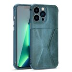 Luxurious teal leather phone case with card holder for iPhone.