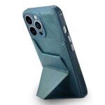 Smartphone with a teal stand case propping it up.