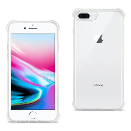 Front and back view of a white iPhone with a clear case.