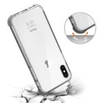 Clear protective phone case absorbing impact from a drop.
