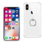 Smartphone with clear protective case and ring holder on the back.