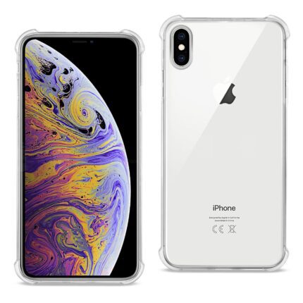 Front and back view of a sleek iPhone with a vibrant display and clear case.