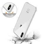 Transparent phone case with camera protection drops on cracked surface.