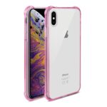 iPhone with a clear pink bumper case showcasing both front and back sides.