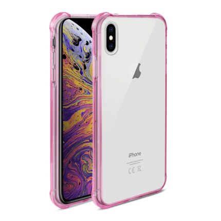 iPhone with a clear pink bumper case showcasing both front and back sides.