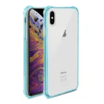 Clear iPhone case with blue edges showing front and back of the phone.