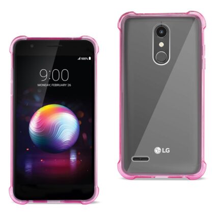 Front and back view of an LG smartphone with a pink protective case.