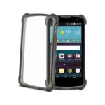 A black smartphone with a protective clear case beside it.