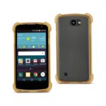 Rugged smartphone with protective yellow bumper case shown from front and back.