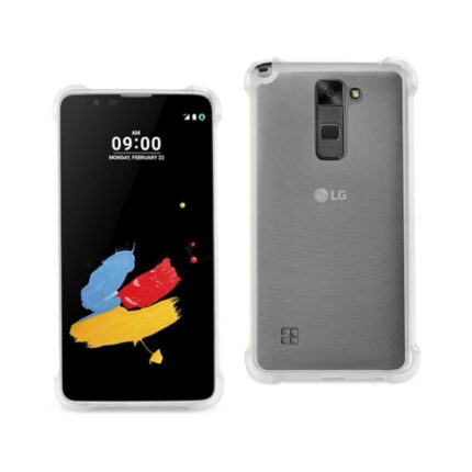 Front and back view of an LG smartphone with a gray protective case.