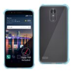 Smartphone with a cityscape wallpaper and a transparent blue case.