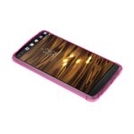 Smartphone with pink case displaying a wooden texture wallpaper.