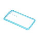 A transparent phone case with a blue border.