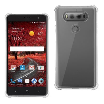 Front and back view of a smartphone in a transparent case.