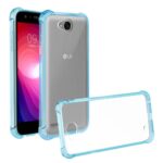 Transparent smartphone case with blue bumper frame for protection.