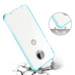 Transparent phone case with blue edges protecting a smartphone.