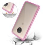 Pink phone case protecting a smartphone from impact damage.