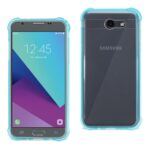 Smartphone with blue protective case shown from front and back.