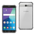Rugged smartphone with protective case shown front and back.