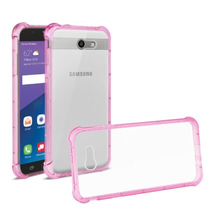 Clear phone case with pink bumper for Samsung smartphone.