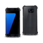 Rugged black smartphone shown front and back with protective casing.