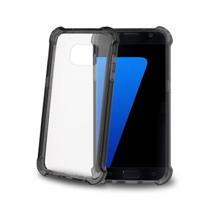 Transparent protective phone case with black bumper around a smartphone.