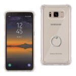 Front and back view of a Samsung smartphone with a clear protective case and ring holder.