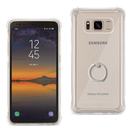 Front and back view of a Samsung smartphone with a clear protective case and ring holder.