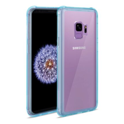 Samsung smartphone with a clear protective case.